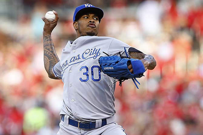 Kansas City Royals starting pitcher Yordano Ventura throws during the first inning of a baseball game against the St. Louis Cardinals, Friday, June 12, 2015, in St. Louis. 