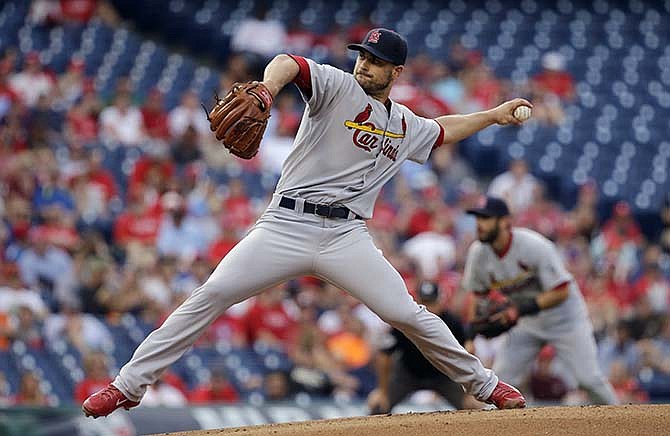 St. Louis Cardinals' Tyler Lyons pitches during the first inning of a baseball game against the Philadelphia Phillies, Friday, June 19, 2015, in Philadelphia. 