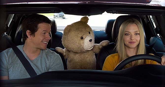 In this image released by Universal Pictures, Mark Wahlberg , from left, the character Ted, voiced by Seth MacFarlane, and Amanda Seyfried appear in a scene from "Ted 2."