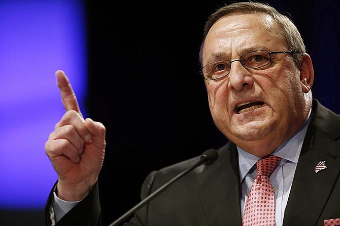 In this Jan. 7, 2015 file photo, Maine Gov. Paul LePage delivers his inauguration address after taking the oath of office for his second term at the Augusta Civic Center in Augusta, Maine. 