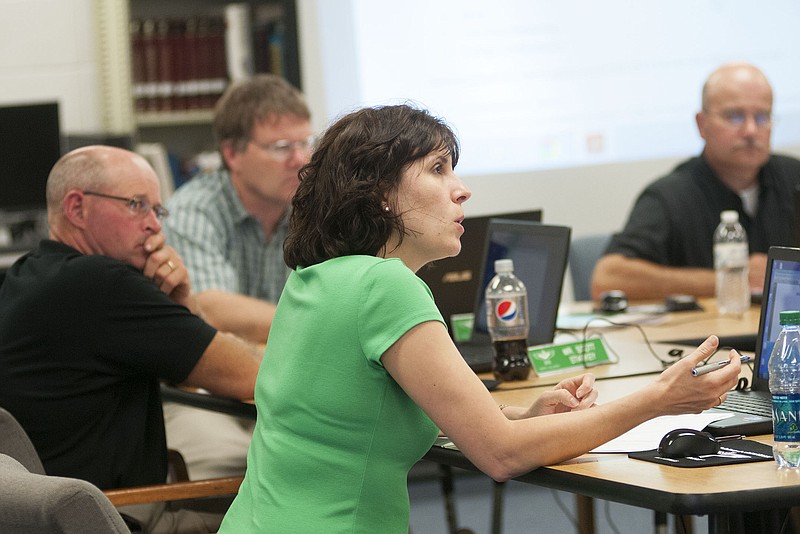 Brittany Ruess/FULTON SUN 
North Callaway School Board member Jenny Bondurant asks a question about the Flex program for the high school, which the board approved at its meeting, on Tuesday. 