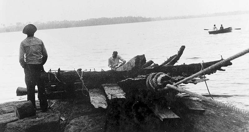 In this 1934 photo released by the Naval History and Heritage Command, remains of the hull of Royal Savage, a continental schooner from 1776, are raised from Lake Champlain near Plattsburgh, New York. The Revolutionary War battleship, one of several under the command of Benedict Arnold, was burned and sank as Americans and British struggled for control of the lake. The remains had been in possession by the city of Harrisburg, Pennsyvania, but were turned over to the U.S. Navy during a ceremony Wednesday.
