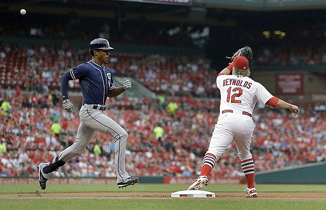 San Diego Padres' Melvin Upton Jr., left, is safe at first for a single as St. Louis Cardinals first baseman Mark Reynolds handles the throw during the first inning of a baseball game Thursday, July 2, 2015, in St. Louis.