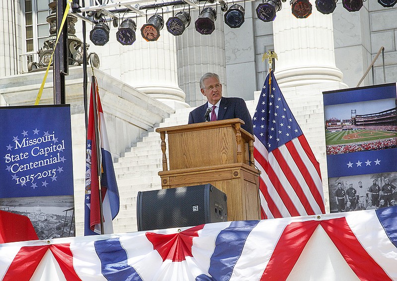 Gov. Jay Nixon delivers a speech at the Missouri State Capitol Cornerstone and Time Capsule Dedication ceremony Friday on the south lawn of the Capitol. 