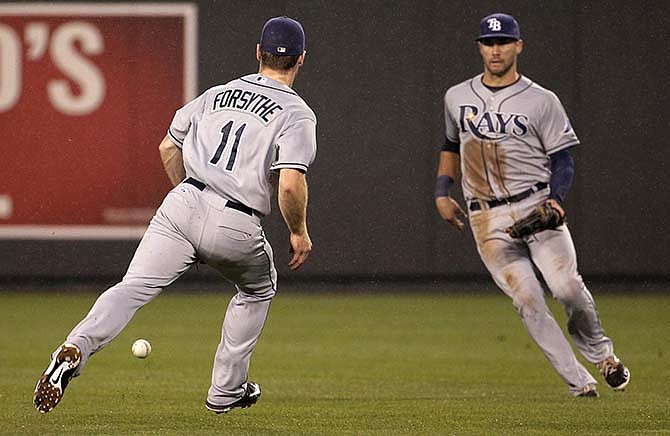 An RBI single by Kansas City Royals' Alex Gordon falls between Tampa Bay Rays second baseman Logan Forsythe (11) and center fielder Kevin Kiermaier during the fifth inning of the second game in a baseball doubleheader Tuesday, July 7, 2015, in Kansas City, Mo.