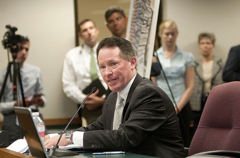 Boone Hospital President Jim Sinek testifies against a Fulton Medical Center facility coming to Columbia during a Health Facilities Review Committee hearing on Monday.