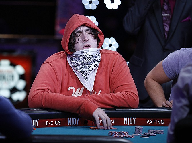 Justin Schwartz reacts after getting knocked out of the World Series of Poker main event Tuesday in Las Vegas. 