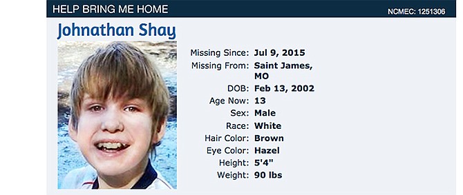 Johnathan Shay was last seen in St. James, Mo., on July 9, 2015. He was wearing a gray t-shirt, dark blue shorts, and black tennis shoes.