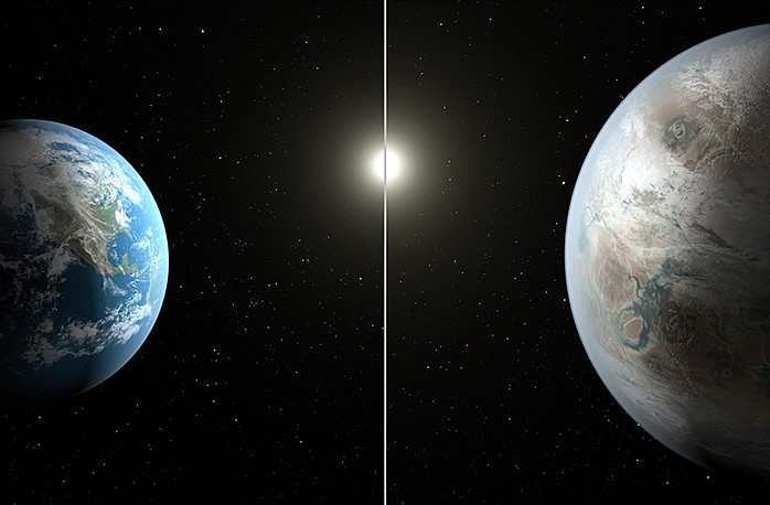 This artist's rendering made available by NASA on Thursday shows a comparison between the Earth, left, and the planet Kepler-452b. 