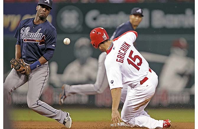 St. Louis Cardinals' Randal Grichuk (15) steals second as Atlanta Braves second baseman Pedro Ciriaco bobbles the throw in the fourth inning of a baseball game, Friday, July 24, 2015 in St. Louis.