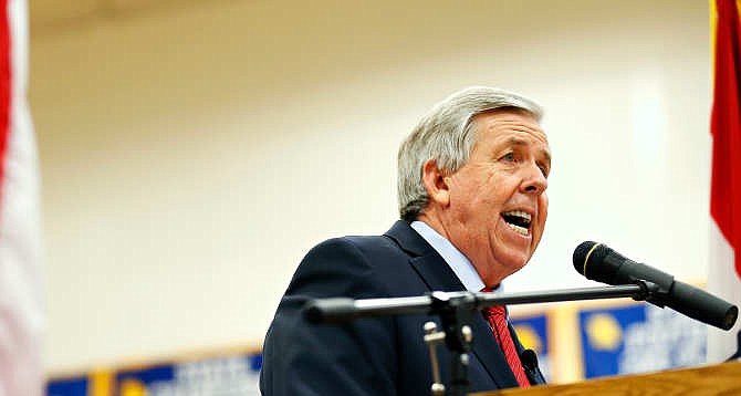  In this April 30, 2015 file photo, state Sen. Mike Parson announces his candidacy for Missouri governor at Bolivar High School in Bolivar, Mo. Parson announced Saturday, July 25, 2015 that he is dropping out of the governor's race and instead will run for lieutenant governor in 2016. (Guillermo Hernandez Martinez/The Springfield News-Leader via AP, File)