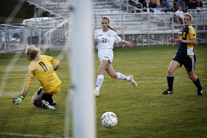 Sarah Luebbert of Jefferson City scores a goal during a game against Battle this season at the 179 Soccer Park.