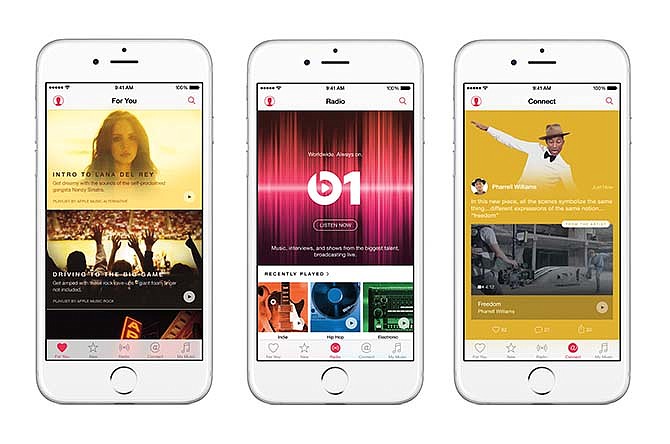 This combination of product images provided by Apple Inc. shows, from left, the "For You" section, the "Radio" section, and the "Connect" sections of the Apple Music app, displayed on an iPhone 6. Apple's new music service is a valiant effort to catch up in the emerging business of offering unlimited music on demand for a monthly price. It does so while acknowledging the legacy of iTunes, the world's most popular store for buying individual songs to own.