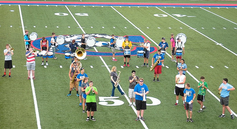 At band camp, Wednesday, July 22, the California Pinto Pride Band practices for an upcoming half-time show.