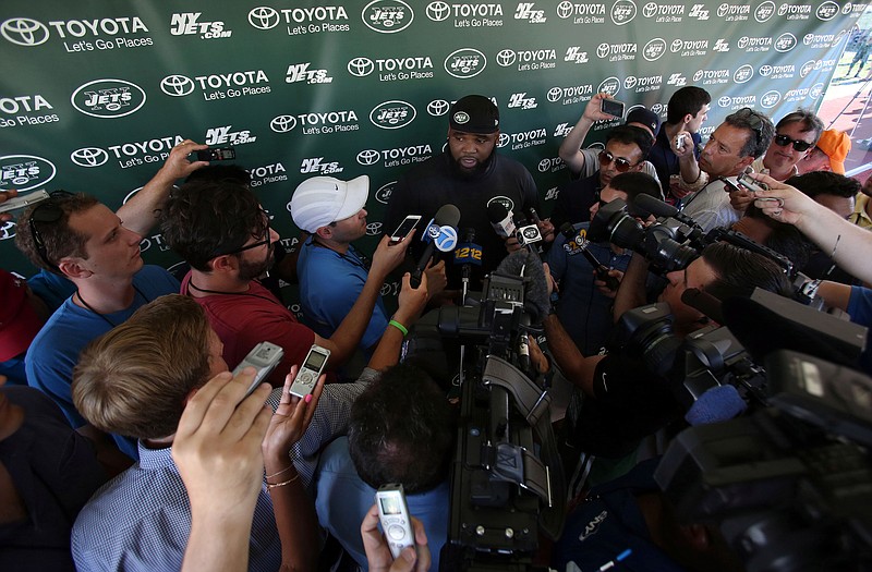 Jets defensive end Sheldon Richardson talks with reporters Friday in Florham Park, N.J.