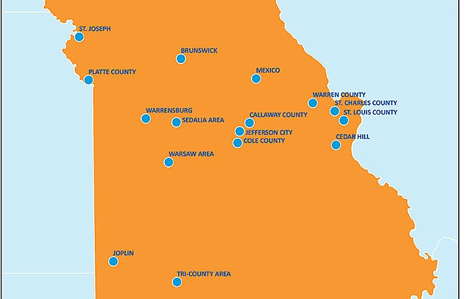 The map above, taken from Missouri American Water's website, shows the Missouri communities the company serves with water or wastewater service.