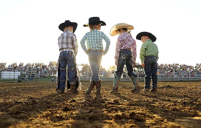 Young mutton busters line up in the arena for rider
introductions prior to the start of Wednesday evening's
bull riding and barrel racing event at the Jefferson
City Jaycees Cole County Fair.