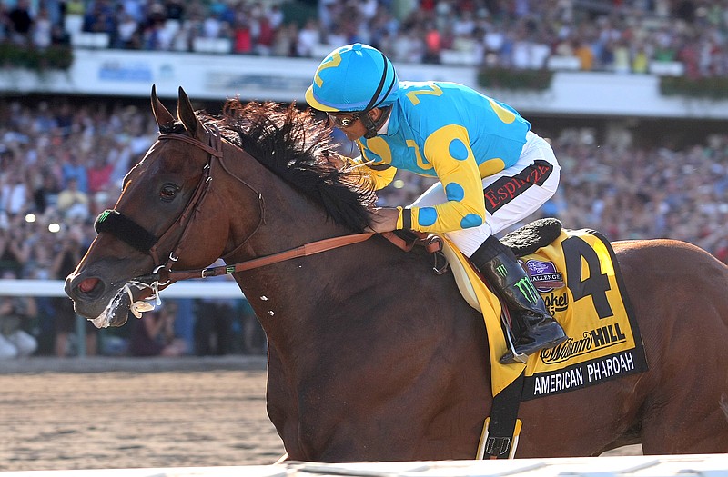 Victor Espinoza rides American Pharoah to an easy win in the Haskell Invitational on Sunday in Oceanport, N.J.