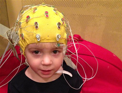 This photo provided by the Auditory Neuroscience Lab, Northwestern University, shows scalp electrodes to pick up how children's brains react to sounds such as speech in a noisy background. 