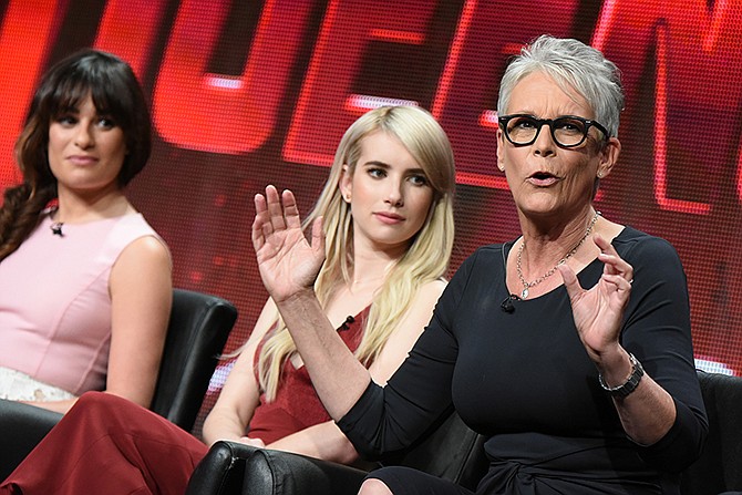 Lea Michele, from left, Emma Roberts and Jamie Lee Curtis participate in the "Scream Queens" panel Thursday at the Fox Summer TCA Tour at the Beverly Hilton Hotel in Beverly Hills, California.