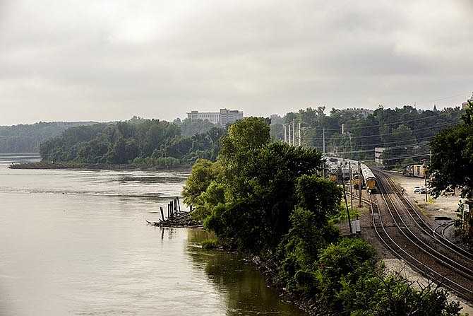 Looking eastward from the Missouri River pedestrian bridge in Jefferson City, Adrian's Island (which is actually a peninsula) can be seen jutting into the river at the left of the frame.