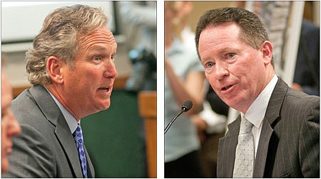 (Left) Nueterra Healthcare Chief Executive Officer David Ayers testifies in favor of building a Fulton Medical Center facility in Columbia during a Health Facilities Review Committee hearing July 13. (Right) Boone Hospital President Jim Sinek testifies against a Fulton Medical Center facility at the same hearing. Brittany Ruess photos/For the Fulton Sun