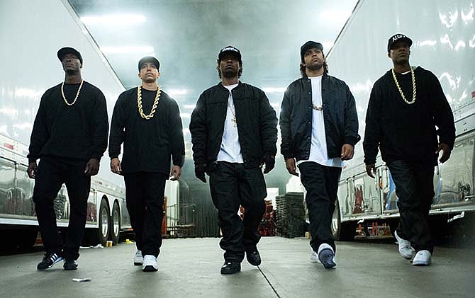 This photo provided by Universal Pictures shows, Aldis Hodge, from left, as MC Ren, Neil Brown, Jr. as DJ Yella, Jason Mitchell as Eazy-E, O'Shea Jackson, Jr. as Ice Cube and Corey Hawkins as Dr. Dre, in the film, "Straight Outta Compton." 