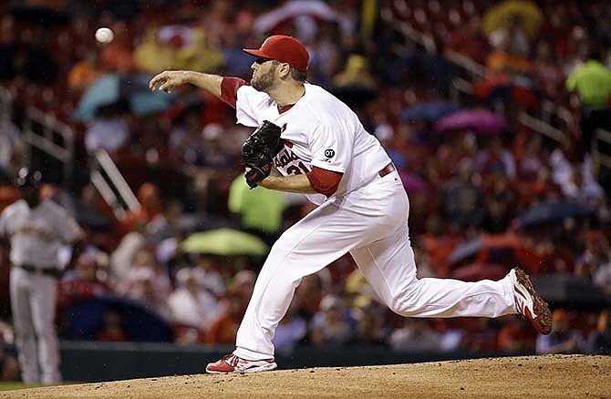 St. Louis Cardinals starting pitcher Lance Lynn throws during the first inning of a baseball game against the San Francisco Giants, Tuesday, Aug. 18, 2015, in St. Louis.