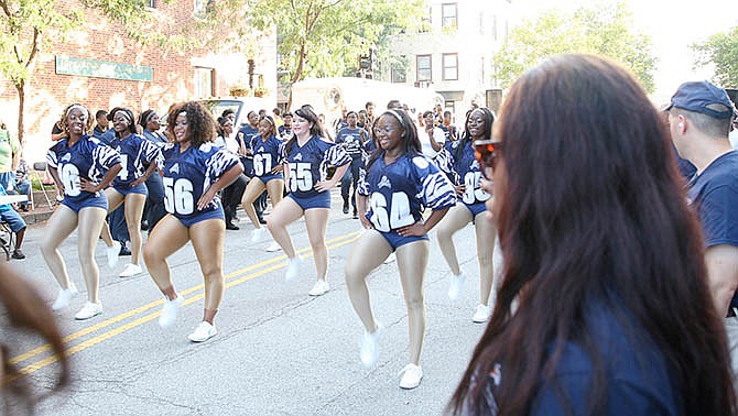 Lincoln University's Blue Flying dancers dance downtown during Blue Tiger Fest in 2014.