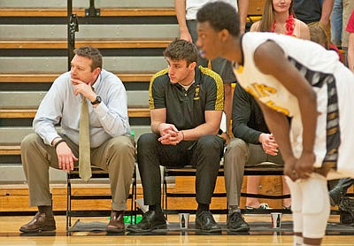 Then Fulton Hornets boys' basketball head coach Ryan Shaw looks on with his assistant Justin Gilmore during the Hornets' 58-54 North Central Missouri Conference victory over the Kirksville Tigers on Tuesday, Feb. 16 at Roger D. Davis Gymnasium. Shaw passed away unexpectedly last Friday after suffering a brain aneurysm while on a business trip in South Carolina.
