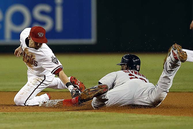 St. Louis Cardinals' Jason Heyward, right, steals second base in front of Arizona Diamondbacks second baseman Chris Owings in the first inning during a baseball game, Tuesday, Aug. 25, 2015, in Phoenix. 
