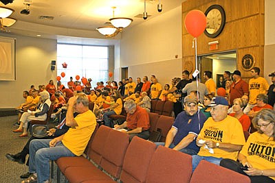 Fulton City Hall saw a near capacity crowd show up Tuesday night in support of the city's firefighters. Firefighters and families voiced concerns about the low pay and lack of contract.