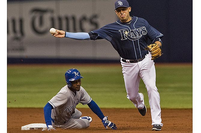 Kansas City Royals' Jarrod Dyson, left, looks toward first base after he was forced out at second by Tampa Bay Rays shortstop Asdrubal Cabrerra, right, during the third inning of a baseball game Saturday, Aug. 29, 2015, in St. Petersburg, Fla. Cabrerra's throw was not in time to complete a double play. 