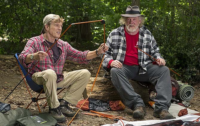 This photo provided by Broad Green Pictures shows, Robert Redford, left, as Bill Bryson and Nick Nolte as Stephen Katz taking in the view along the Appalachian Trail in the film, "A Walk in the Woods." 