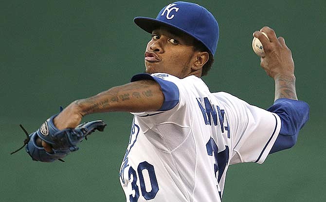 Kansas City Royals starting pitcher Yordano Ventura throws during the first inning of a baseball game against the Detroit Tigers Wednesday, Sept. 2, 2015, in Kansas City, Mo.