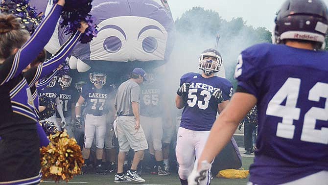 Camdenton's Louis Leonarduzzi gets amped up during player introductions prior to last Friday night's game against West Plains in Camdenton.