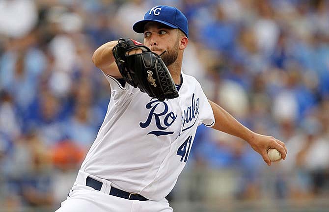 Kansas City Royals pitcher Danny Duffy throws against a Chicago White Sox batter in the first inning of a baseball game at Kauffman Stadium in Kansas City, Mo., Saturday, Sept. 5, 2015.