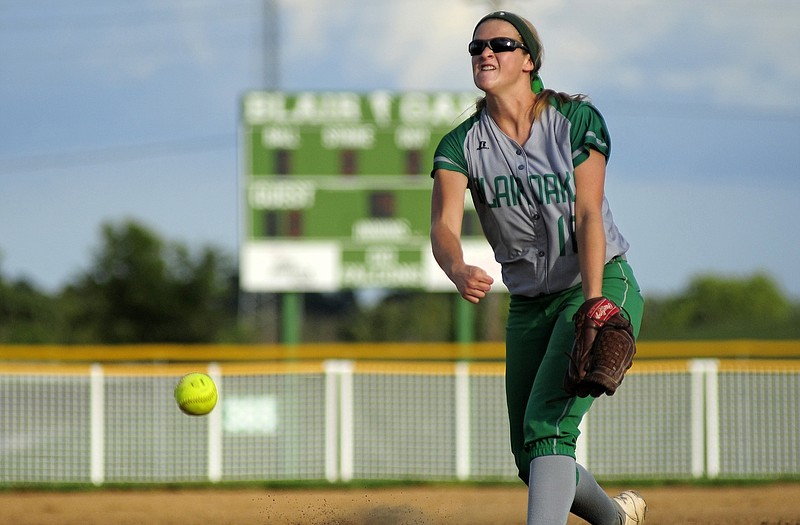 Blair Oaks pitcher Payton Staggs delivers a pitch while working through the top of the fourth inning during Wednesday's matchup against Helias at the Falcon Athletic Complex in Wardsville.