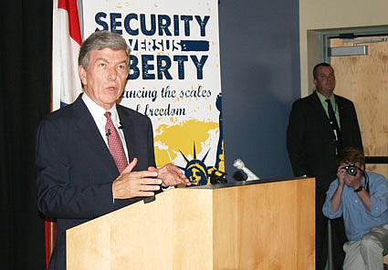 U.S. Senator Roy Blunt spoke about the national security challenges the U.S. faces amidst rapidly changing foreign conflicts and advancements in technology Monday evening at Westminster College. Senator Blunt's speech marked the beginning of Westminster's Hancock Symposium, held Sept. 14-16, on the theme of security versus liberty: balancing the scales of freedom.