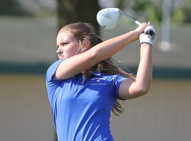 Renee Roberts tees off on hole one at the California Country Club on Tuesday.