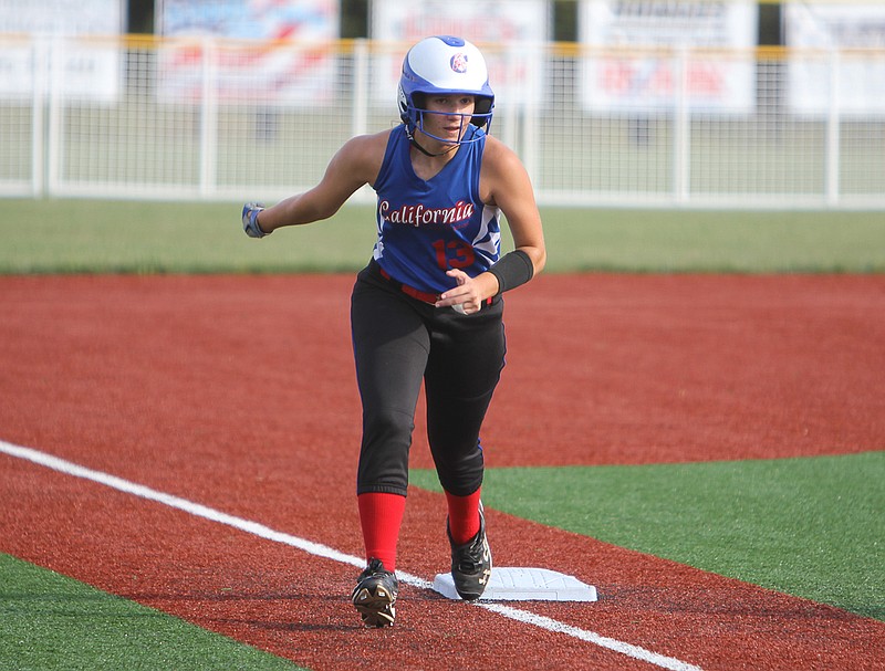 Jenna Reynolds takes a lead off at third base after a pitch by Pilot Grove on Monday.