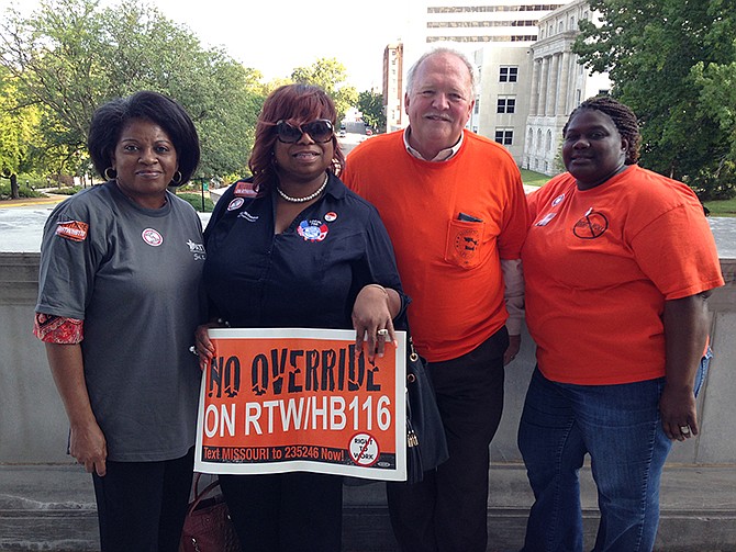 Alease Dailes, Alicia Richardson, Michael Breihan and Felicia Clayton came to Jefferson City Wednesday to show their support of Gov. Jay Nixon's veto of HB 116 and 569, legislation that would have made Missouri the country's 26th right-to-work state.