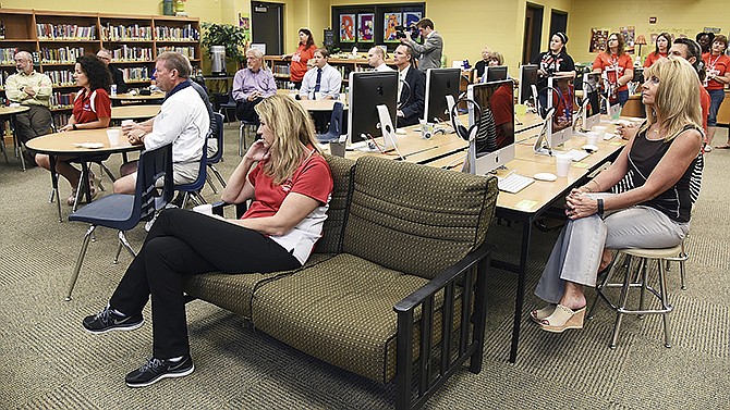 Several members of the Jefferson City Area Chamber of Commerce visited East School Friday morning to see the renovations made over the summer. Chamber president Randy Allen commented that a community's ability to draw new employers and businesses depends on the quality of the public schools.
