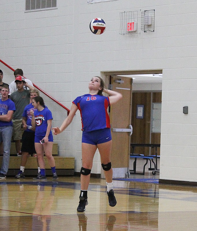 Sophomore Chloe Schenewerk attempts a serve during California's 2-0 win against Eugene last Thursday. Schenewerk led the team with six serving aces.