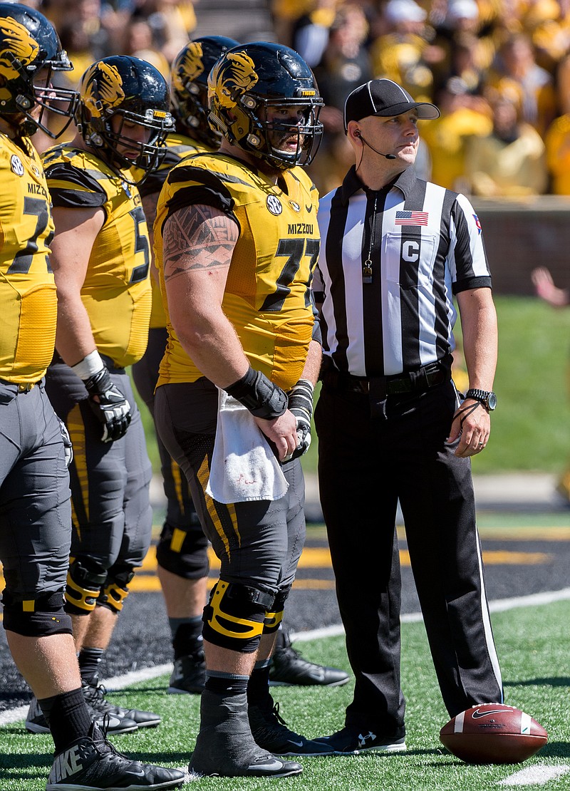 Missouri offensive lineman Evan Boehm waits for play to resume during Saturday's game against South Carolina at Faurot Field.