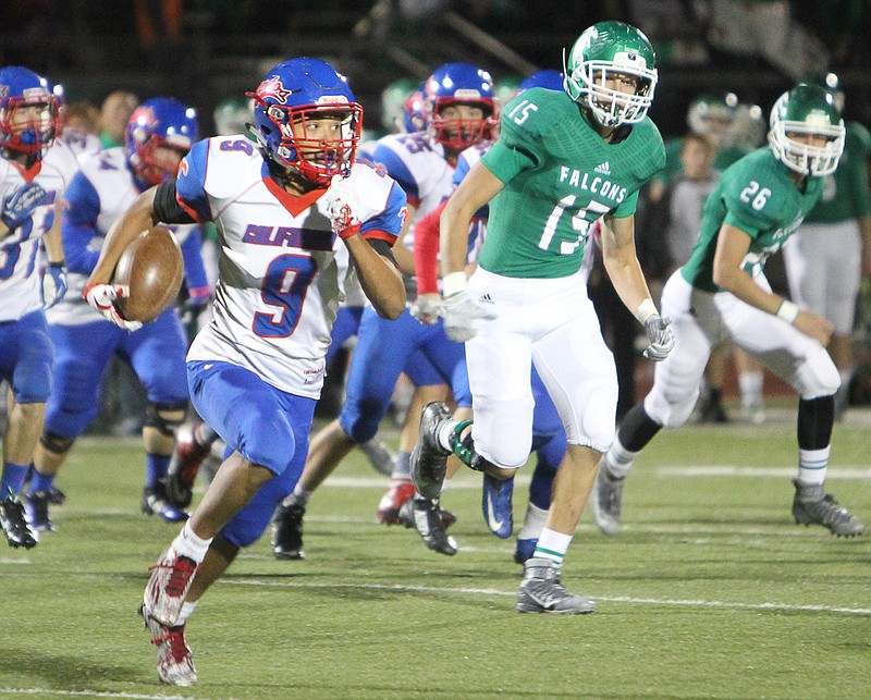 Senior Josh Woodruff sprints around the edge on a kickoff return Friday night against Blair Oaks.