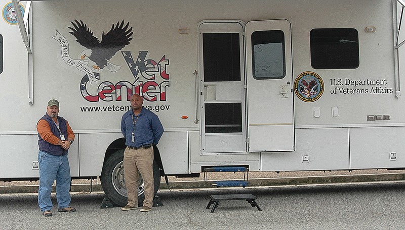 The Mobile Vet Center which services 38 northeastern and central Missouri counties, staffed by Lloyd H. Adams Jr., left, and Mark Johnson, right, stopped in California for the day on Monday, Oct. 5.