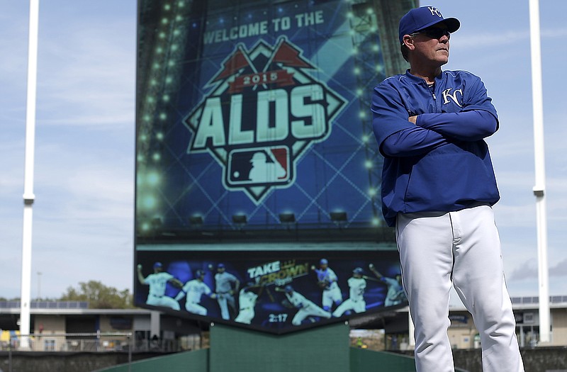 Kansas City Royals manager Ned Yost watches baseball batting practice Wednesday, Oct. 7, 2015, in Kansas City, Mo. The Royals face the Astros in Game 1 of the ALDS Thursday in Kansas City.
