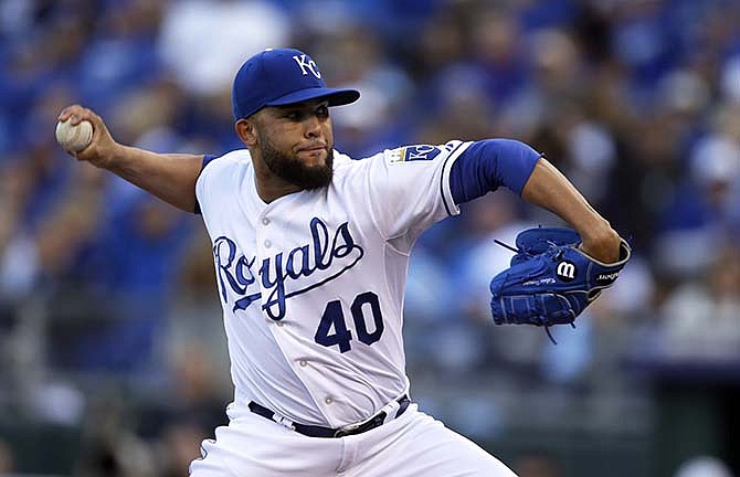 Kansas City Royals relief pitcher Kelvin Herrera throws during the seventh inning of Game 2 in baseball's American League Division Series against the Houston Astros, Friday, Oct. 9, 2015, in Kansas City, Mo.