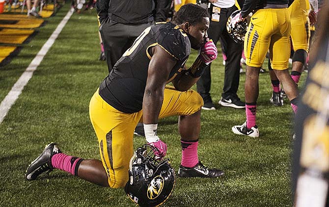 Missouri linebacker Kentrell Brothers reacts during the second half of an NCAA college football game against Florida, Saturday, Oct. 10 2015, in Columbia, Mo. Florida won the game 21-3.